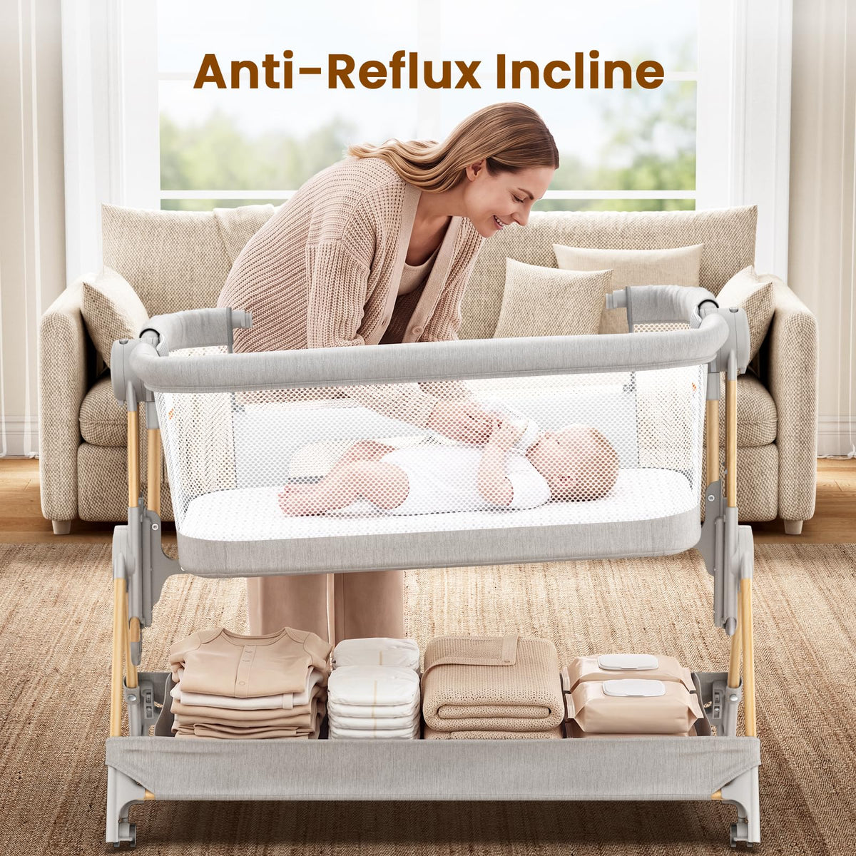 Baby Bassinet, 3-in-1 Bedside Sleeper, Foldable Crib R8574