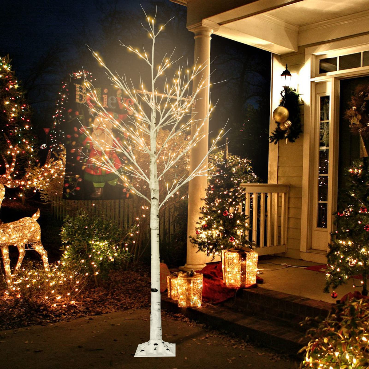 6FT Lighted Birch Tree with 160 LEDs Warm White Lights A33450
