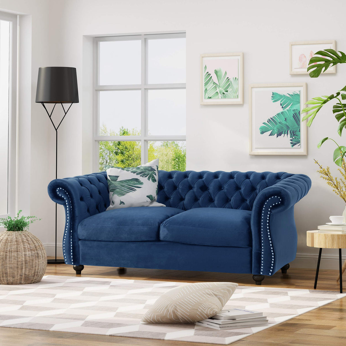 Navy Blue Velvet Tufted Chesterfield Sofa H452126