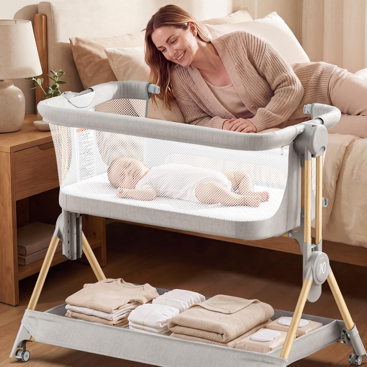 Baby Bassinet, 3-in-1 Bedside Sleeper, Foldable Crib R8574