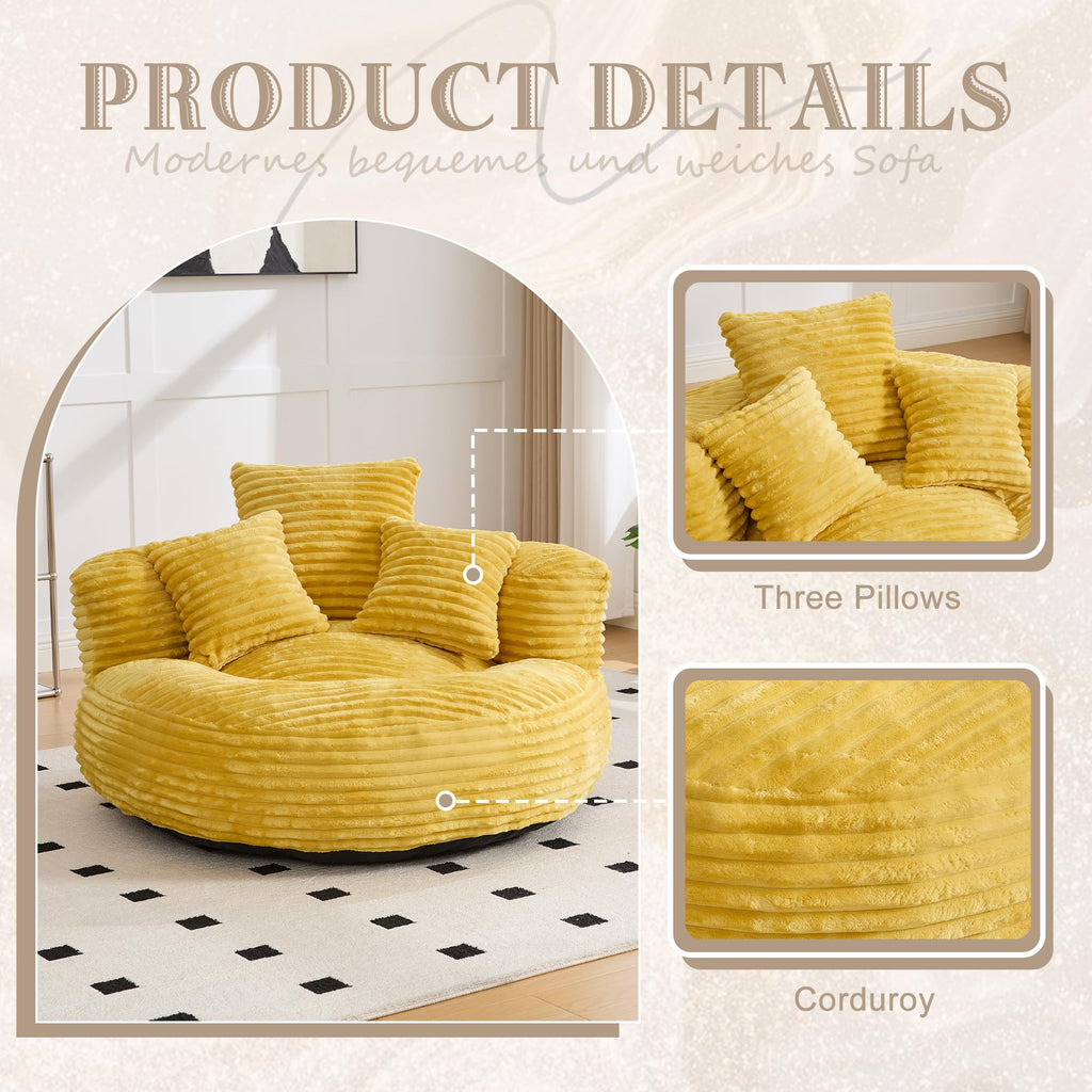 Yellow Corduroy Bean Bag Sofa with 3 Pillows H2697