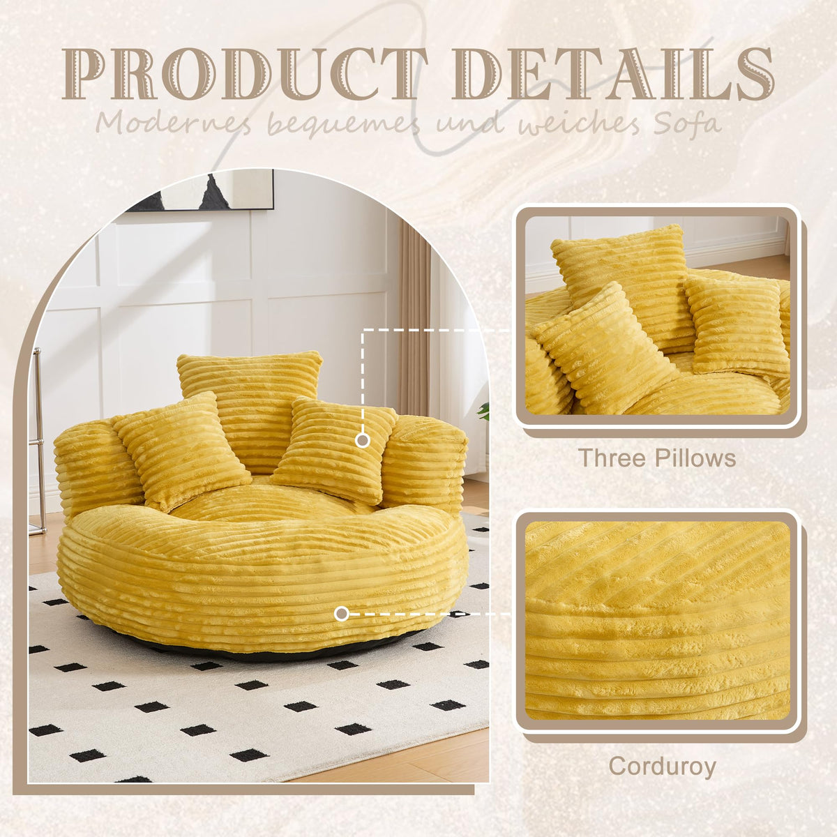 Yellow Corduroy Bean Bag Sofa with 3 Pillows H2697