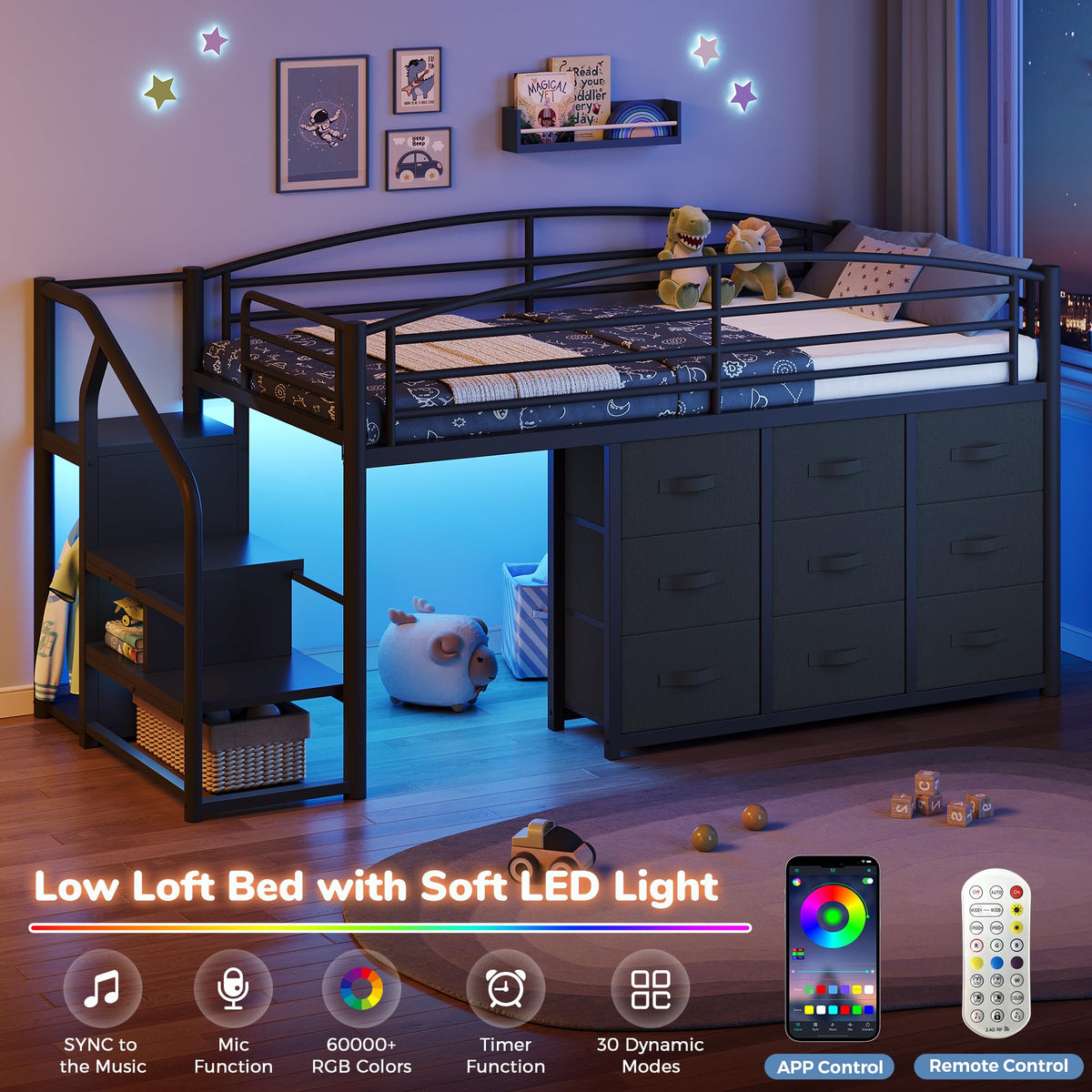 Twin Metal Loft Bed with 9 Storage Drawers and Guardrail A4613