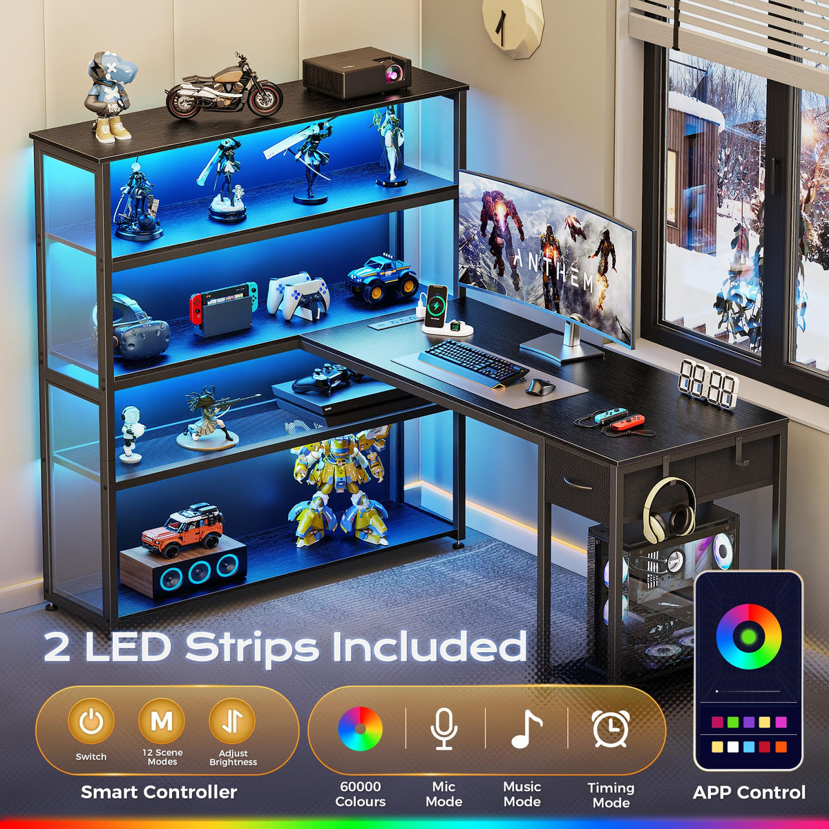 57 Inch L Shaped Gaming Computer Desk with Power Outlets Y39044