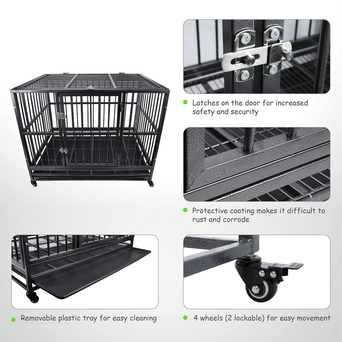 42 inch Heavy Duty Metal Dog Cage with Double Doors & Lockable Wheels C6141