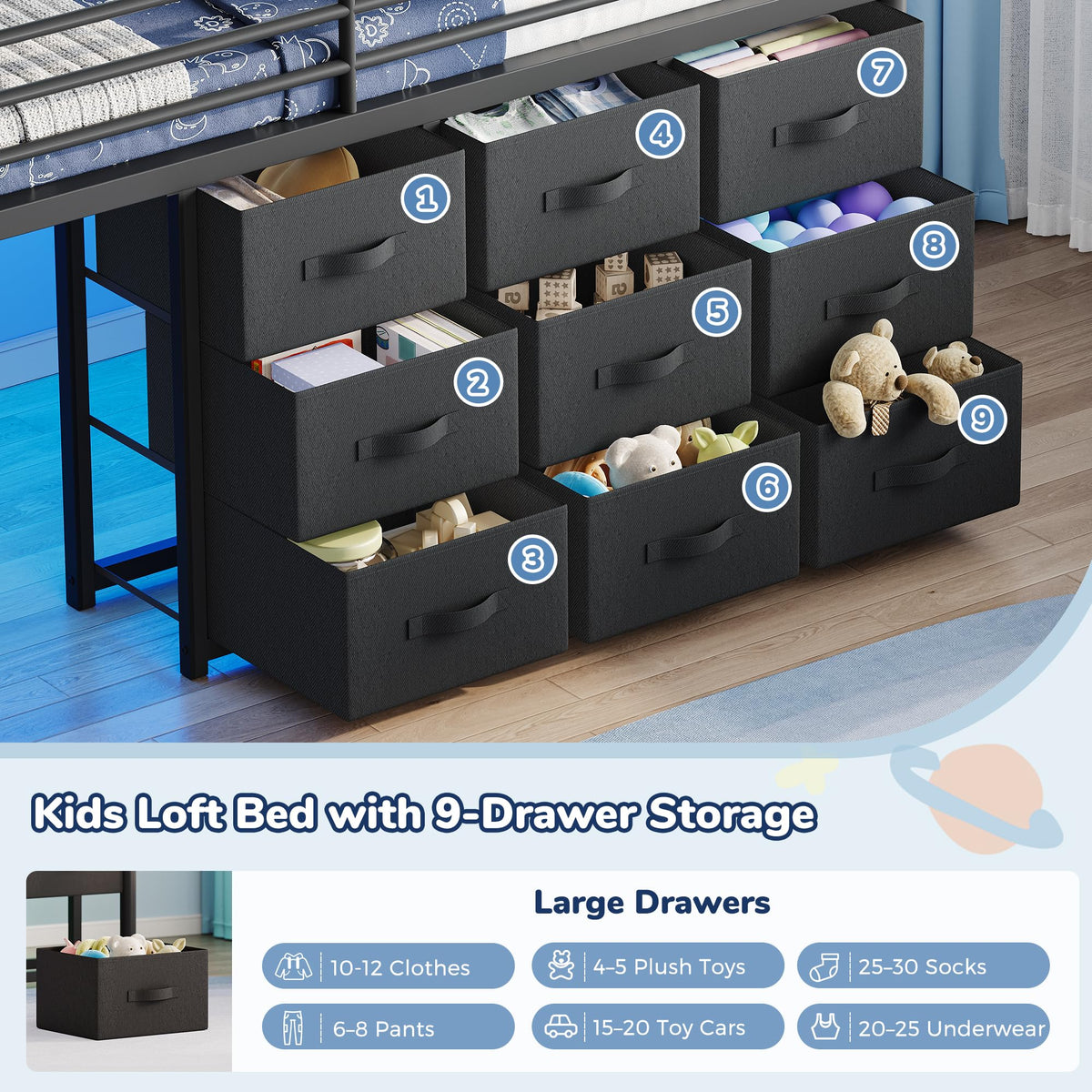 Twin Metal Loft Bed with 9 Storage Drawers and Guardrail A4613