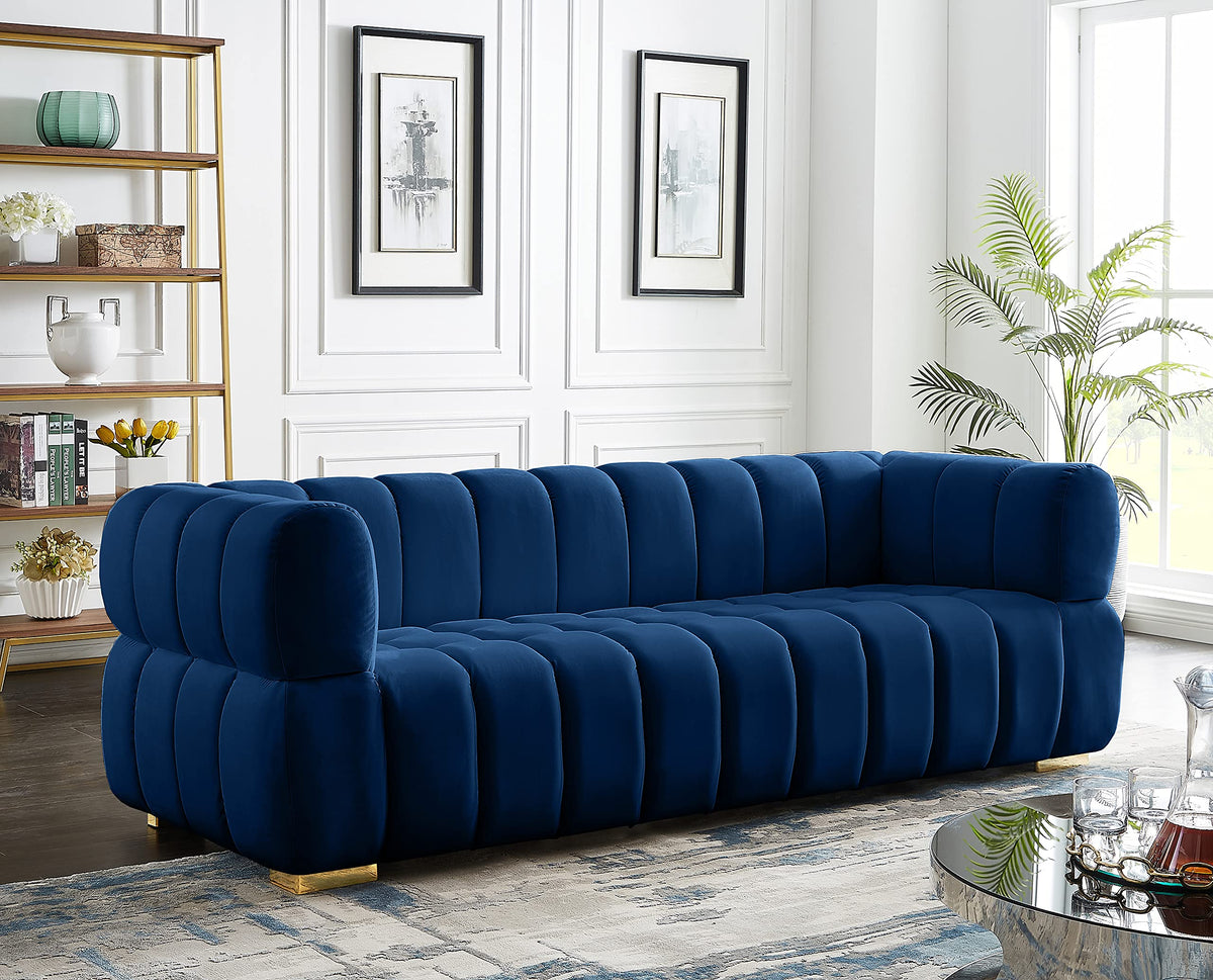 Navy Velvet Upholstered Sofa with Deep Biscuit Tufting H73014