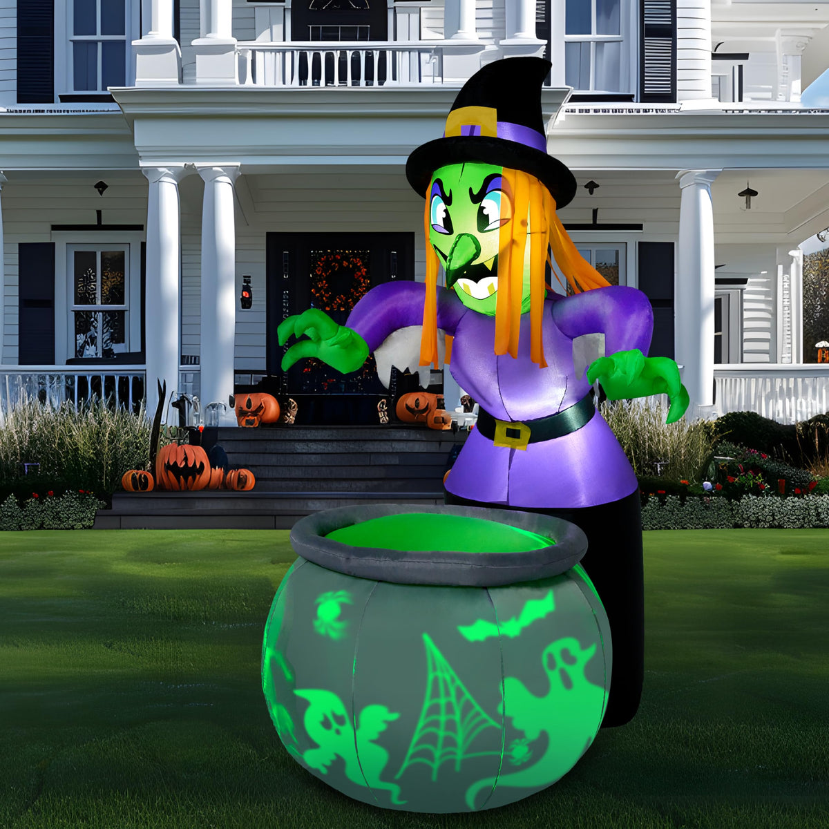 6 Ft Halloween Inflatable Witch and Cauldron Decoration with Green Ghost Light D33209