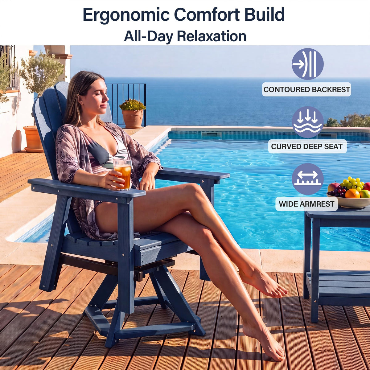 HDPE Swivel Adirondack Chair Set of 2 Navy Blue U381
