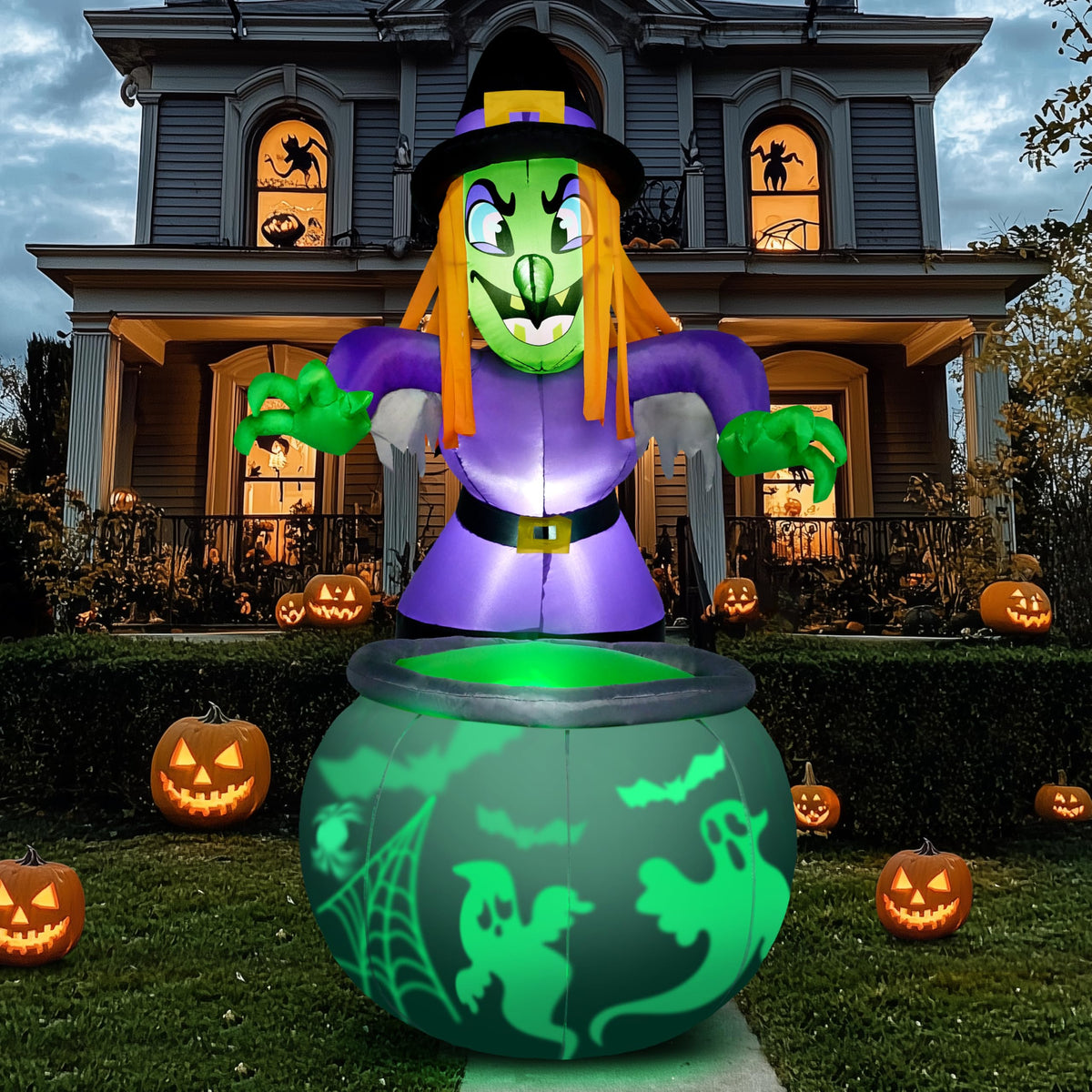 6 Ft Halloween Inflatable Witch and Cauldron Decoration with Green Ghost Light D33209