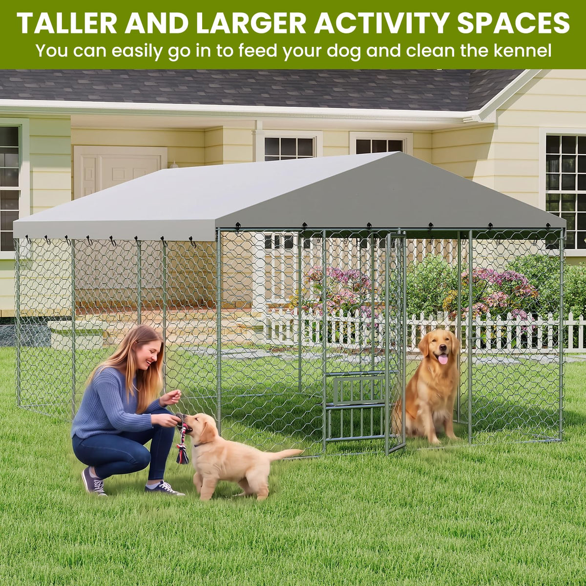 10x15FT Outdoor Dog Kennel with Bowls & Roof G19005