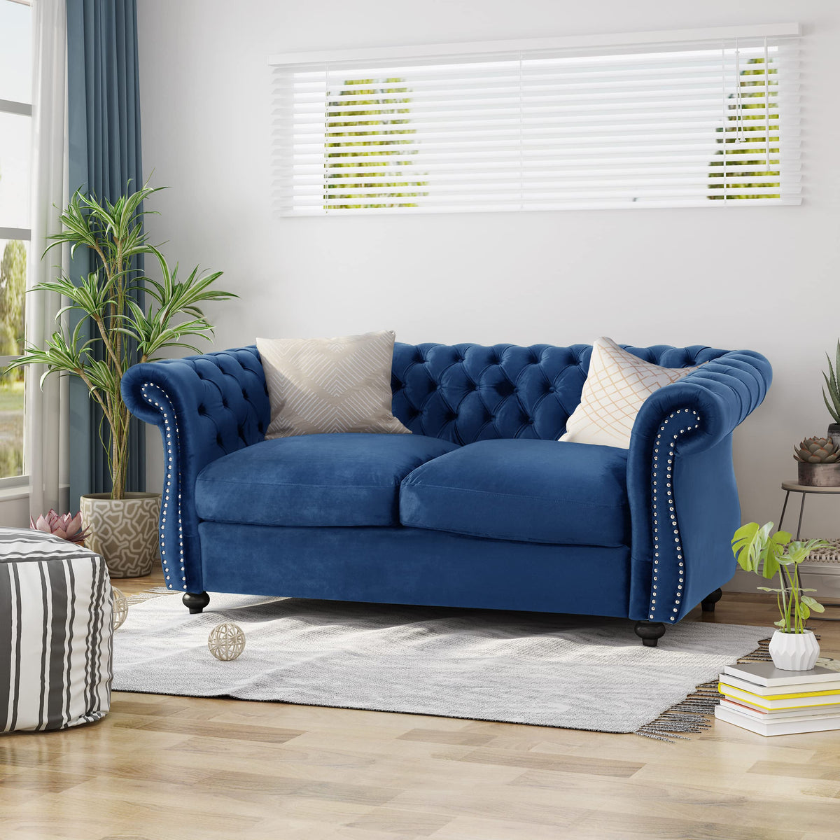 Navy Blue Velvet Tufted Chesterfield Sofa H452126