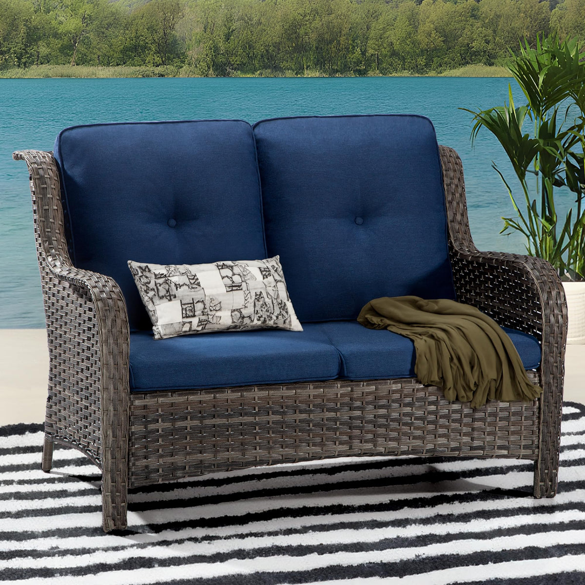 2-Seater Wicker Loveseat Sofa with Olefin Cushions R49319